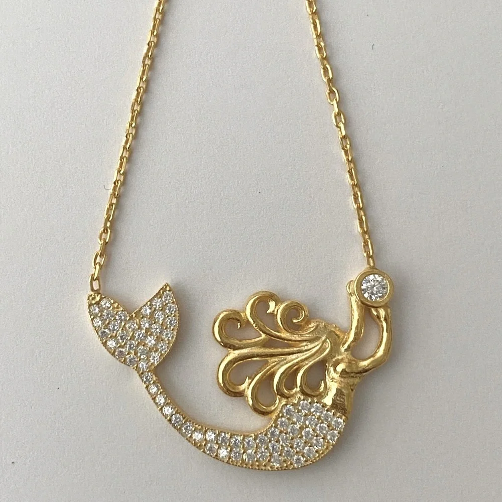 🧜‍♀️Mermaid 925 silver clear cz cubic zirconia necklace 18k yellow gold plated